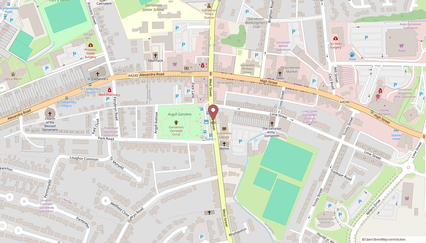 Map showing Dolly Rocks Hair and Beauty on West Street, Gorseinon