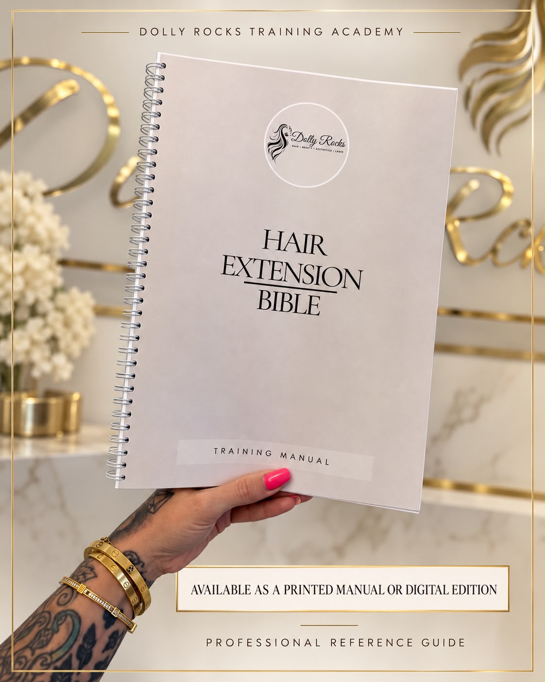 The Hair Extension Bible training manual, held up in front of the Dolly Rocks salon